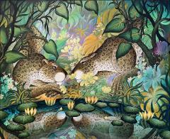 Gustavo Novoa Two Leopards in Reflection Pool in a Fantasy Tropical Garden Naive - 3231200