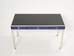 Guy LeFevre Desk table Guy Lefevre Maison Jansen blue lacquer steel leather top 1970s - 2267878