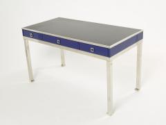 Guy LeFevre Desk table Guy Lefevre Maison Jansen blue lacquer steel leather top 1970s - 2267879