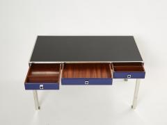 Guy LeFevre Desk table Guy Lefevre Maison Jansen blue lacquer steel leather top 1970s - 2267881