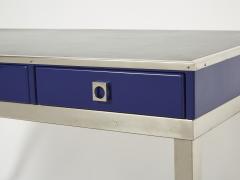 Guy LeFevre Desk table Guy Lefevre Maison Jansen blue lacquer steel leather top 1970s - 2267882