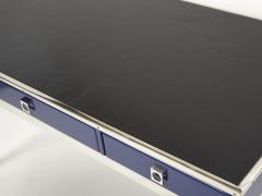 Guy LeFevre Desk table Guy Lefevre Maison Jansen blue lacquer steel leather top 1970s - 2267883