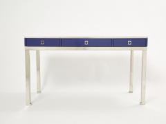 Guy LeFevre Desk table Guy Lefevre Maison Jansen blue lacquer steel leather top 1970s - 2267884