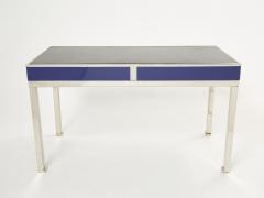 Guy LeFevre Desk table Guy Lefevre Maison Jansen blue lacquer steel leather top 1970s - 2267886