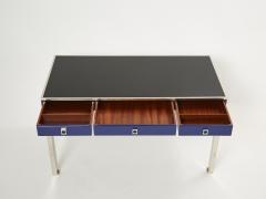 Guy LeFevre Desk table Guy Lefevre Maison Jansen blue lacquer steel leather top 1970s - 2267887