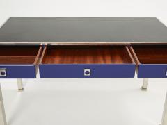 Guy LeFevre Desk table Guy Lefevre Maison Jansen blue lacquer steel leather top 1970s - 2267888