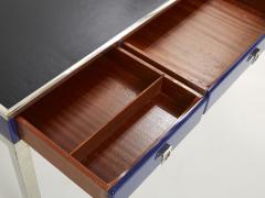 Guy LeFevre Desk table Guy Lefevre Maison Jansen blue lacquer steel leather top 1970s - 2267889