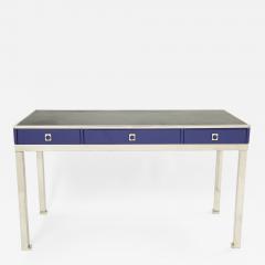 Guy LeFevre Desk table Guy Lefevre Maison Jansen blue lacquer steel leather top 1970s - 2268385