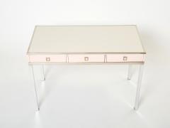 Guy LeFevre Desk table Guy Lefevre Maison Jansen rose lacquer steel leather top 1970s - 2671412