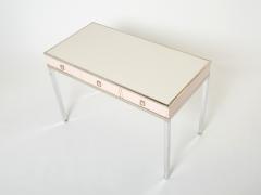 Guy LeFevre Desk table Guy Lefevre Maison Jansen rose lacquer steel leather top 1970s - 2671416