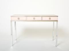 Guy LeFevre Desk table Guy Lefevre Maison Jansen rose lacquer steel leather top 1970s - 2671417