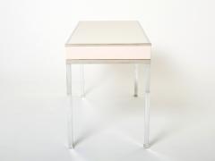 Guy LeFevre Desk table Guy Lefevre Maison Jansen rose lacquer steel leather top 1970s - 2671419