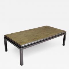 Guy LeFevre Fine French 1970s Eglomise Glass Top Coffee Table with a Patinated Metal Frame - 2592426