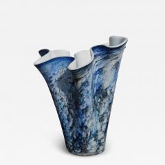 Hand Blown Fazzoletto Murano Style Folded Blue Vase - 2804673