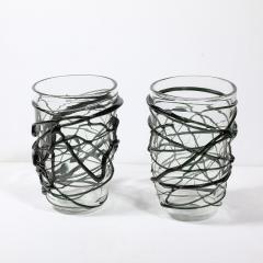 Hand Blown Murano Glass Vases with Organic Viridian Green Sculptural Striations - 4231266