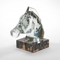 Hand Carved Rock Crystal Equo Case Horse Head Marble Base Sculpture - 3811338
