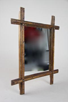 Hand Carved Rustic Wall Mirror Tramp Art New Mirror Glass Austria circa 1870 - 3709691