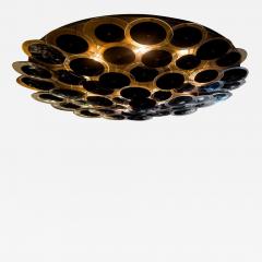 Hand Crafted Black Clear Murano Glass Disc and Burnished Brass Flush Mount - 3912243