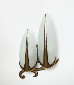 Hand Hammered Brass and Opaline Sconce Italy c 1940 Pair Available  - 3087244