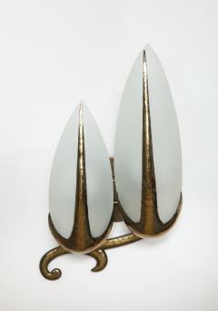 Hand Hammered Brass and Opaline Sconce Italy c 1940 Pair Available  - 3087248