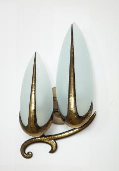 Hand Hammered Brass and Opaline Sconce Italy c 1940 Pair Available  - 3087250