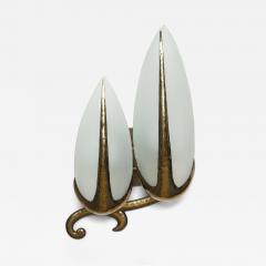 Hand Hammered Brass and Opaline Sconce Italy c 1940 Pair Available  - 3089207