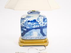 Hand Painted Blue White Porcelain Table Lamps Gilt Wood Painted Base - 4085896