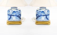 Hand Painted Blue White Porcelain Table Lamps Gilt Wood Painted Base - 4085900