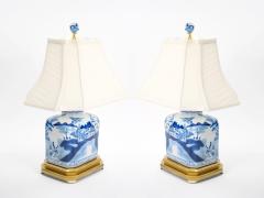 Hand Painted Blue White Porcelain Table Lamps Gilt Wood Painted Base - 4085901