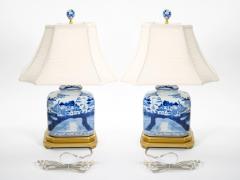 Hand Painted Blue White Porcelain Table Lamps Gilt Wood Painted Base - 4085902