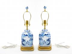 Hand Painted Blue White Porcelain Table Lamps Gilt Wood Painted Base - 4085903