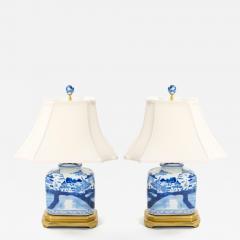 Hand Painted Blue White Porcelain Table Lamps Gilt Wood Painted Base - 4087374