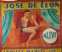 Hand Painted Circus Banner of Armless Wonder - 4519697