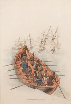 Hand colored engraving on paper of sailors in a long boat by William Miller - 2510501