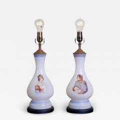 Handblown Hand Painted Antique Opaline Napoleon and Josephine Table Lamps - 2255787