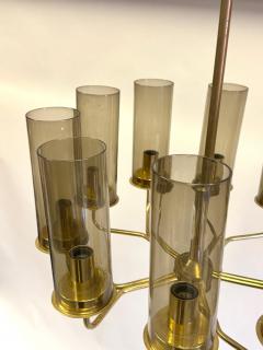 Hans Agne Jakobsson 2 Scandinavian Modern Brass Smoked Glass Chandeliers by Hans Agne Jakobsson - 4523429