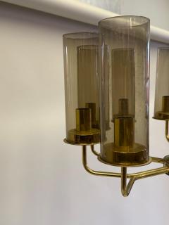Hans Agne Jakobsson 2 Scandinavian Modern Brass Smoked Glass Chandeliers by Hans Agne Jakobsson - 4523501