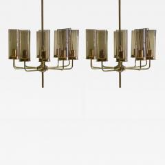 Hans Agne Jakobsson 2 Scandinavian Modern Brass Smoked Glass Chandeliers by Hans Agne Jakobsson - 4523683