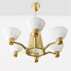 Hans Bergstr m HANS BERGSTROM SCANDINAVIAN SIX ARM BRASS CHANDELIER WITH FABRIC SHADES  - 4433936