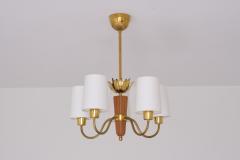 Hans Bergstr m Hans Bergstr m Attributed Five Arm Chandelier Brass and Oak ASEA Sweden 1950s - 3325543