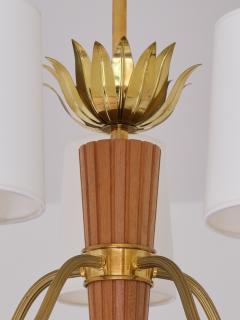 Hans Bergstr m Hans Bergstr m Attributed Five Arm Chandelier Brass and Oak ASEA Sweden 1950s - 3325547