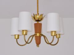 Hans Bergstr m Hans Bergstr m Attributed Five Arm Chandelier Brass and Oak ASEA Sweden 1950s - 3325553