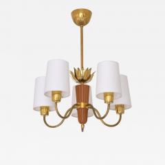 Hans Bergstr m Hans Bergstr m Attributed Five Arm Chandelier Brass and Oak ASEA Sweden 1950s - 3330921