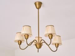 Hans Bergstr m Hans Bergstr m Five Arm Brass Chandelier with Pleated Shades Sweden 1950s - 3959743