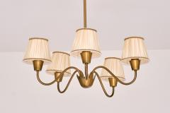 Hans Bergstr m Hans Bergstr m Five Arm Brass Chandelier with Pleated Shades Sweden 1950s - 3959744