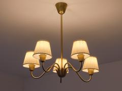 Hans Bergstr m Hans Bergstr m Five Arm Brass Chandelier with Pleated Shades Sweden 1950s - 3959745