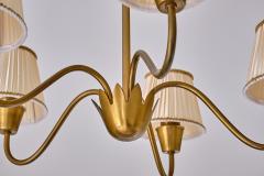 Hans Bergstr m Hans Bergstr m Five Arm Brass Chandelier with Pleated Shades Sweden 1950s - 3959746