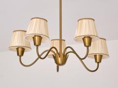 Hans Bergstr m Hans Bergstr m Five Arm Brass Chandelier with Pleated Shades Sweden 1950s - 3959747