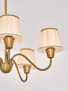 Hans Bergstr m Hans Bergstr m Five Arm Brass Chandelier with Pleated Shades Sweden 1950s - 3959748