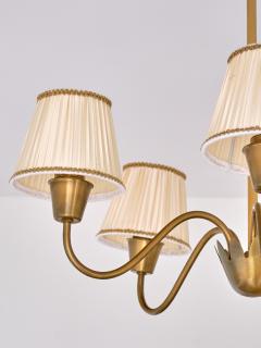 Hans Bergstr m Hans Bergstr m Five Arm Brass Chandelier with Pleated Shades Sweden 1950s - 3959749